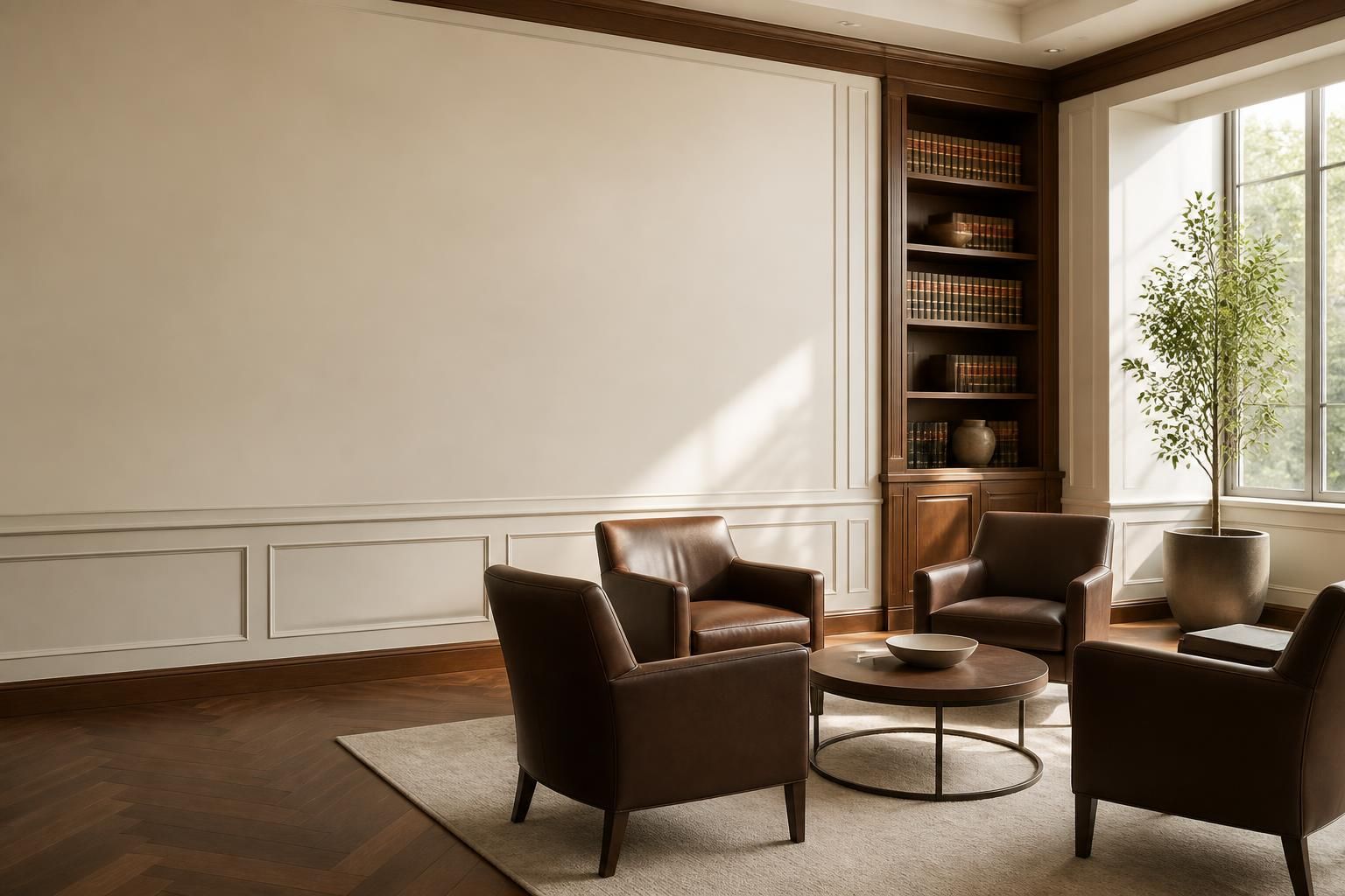 Clean law office interior with open space and warm natural light.