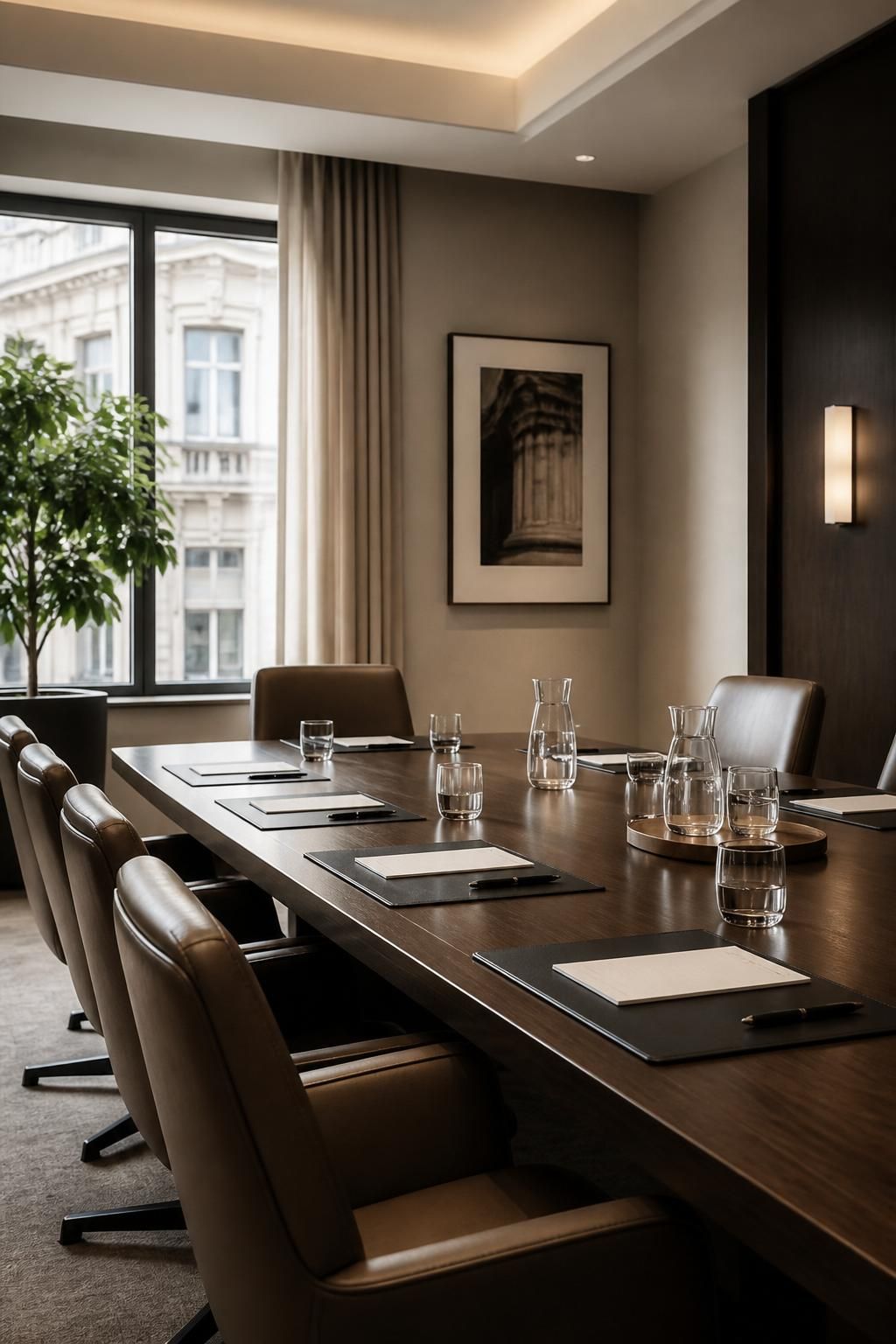 Inviting legal conference room with refined furnishings and natural light.