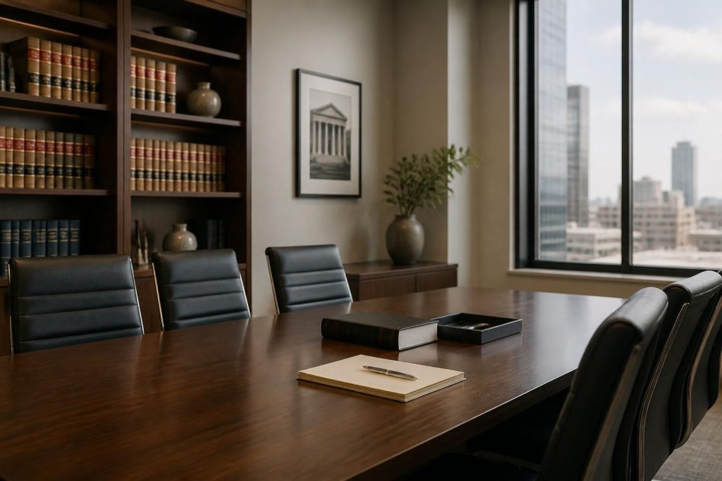 Modern law office conference room with soft natural light and clean furnishings.